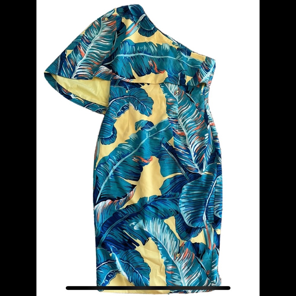 Lavish Alice Palm Print One-shoulder Cape Sheath Dress In Yellow Palm Pr…